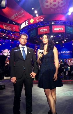 Federico Butteroni prepares for his bust out interview with ESPN's Kara Scott after bowing out in 8th place of the WSOP Main Event on Sunday night.